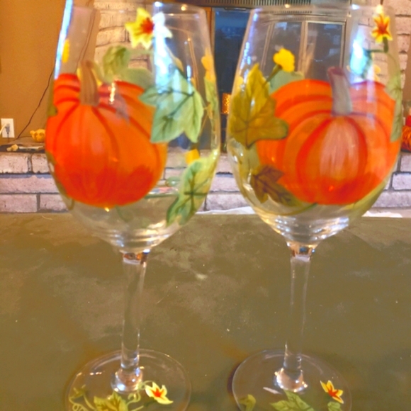 Pier 1 Hand Painted Fall Pumpkin and Floral Wine Glass